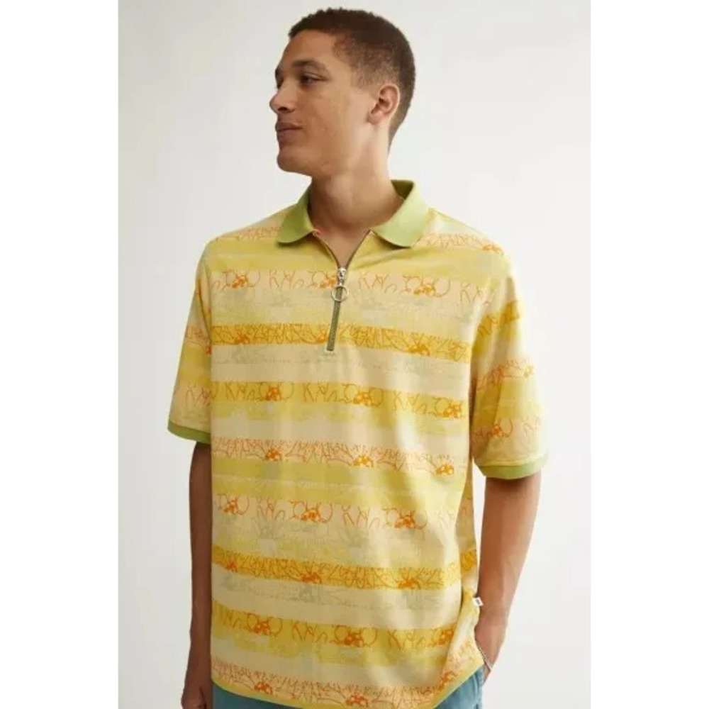 Urban Outfitters Baggy Zip Knit Polo Shirt Medium M Yellow Striped Floral N